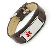Brown Leather Medical ID Wrist Band with Stainless Steel ID