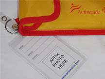 Auto-Injector Holder Idenitification Tag with Photo Insert attached to Single Auto-Injector Yellow Pouch